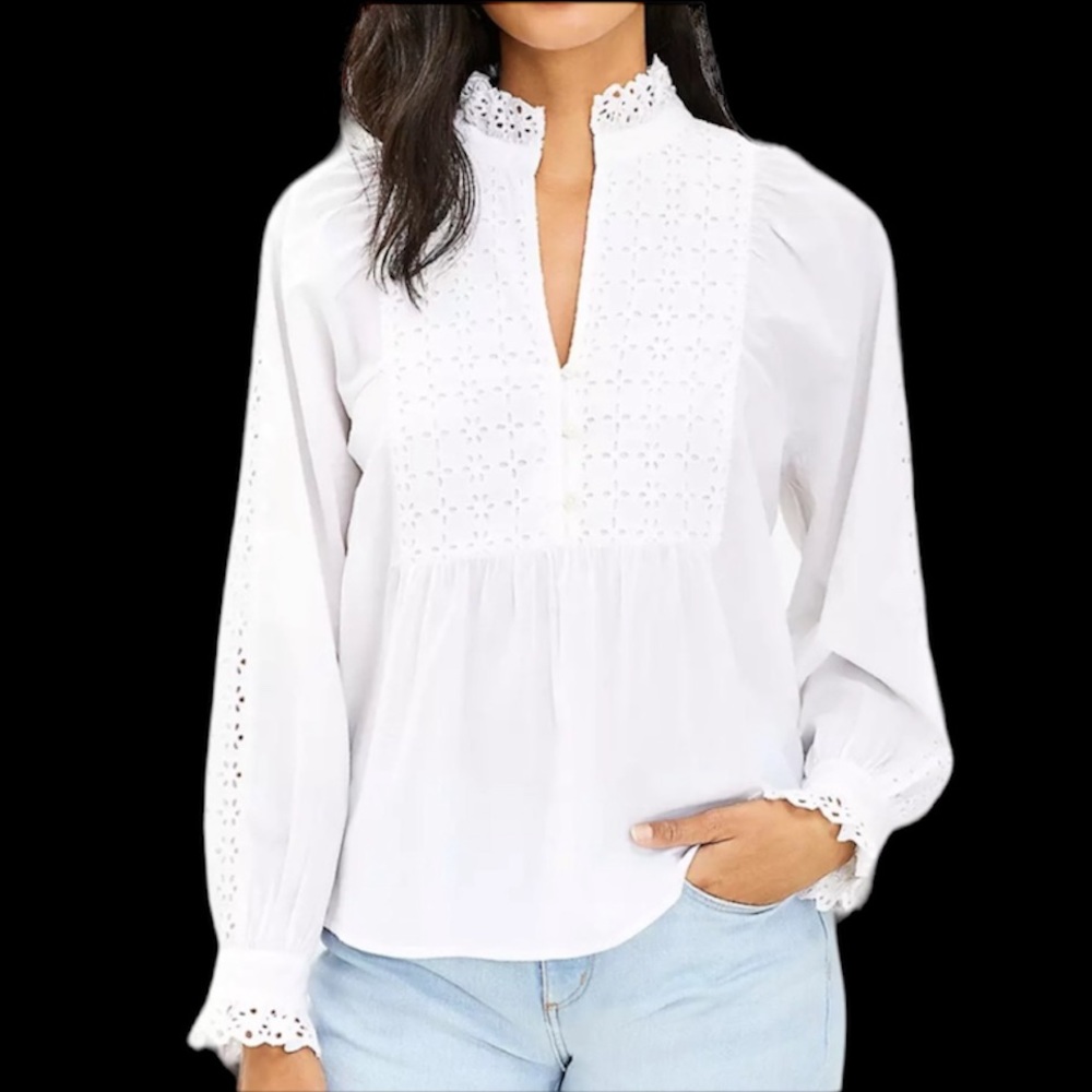 LOFT Eyelet Ruffle Bib Blouse Small NWT